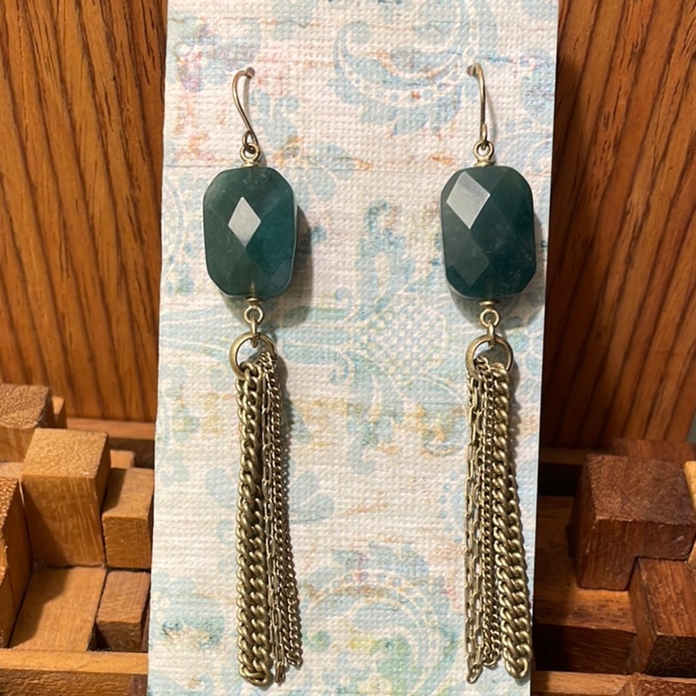 Vintage Brass Green Semi-precious Stone Earrings